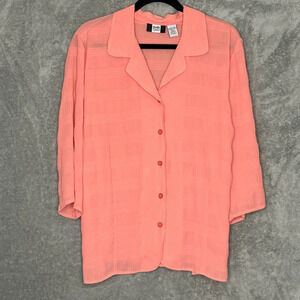 Studio 1940 18 20 1X Shirt Top Coral Pink Solid Button Up 3/4 Sleeve V Neck